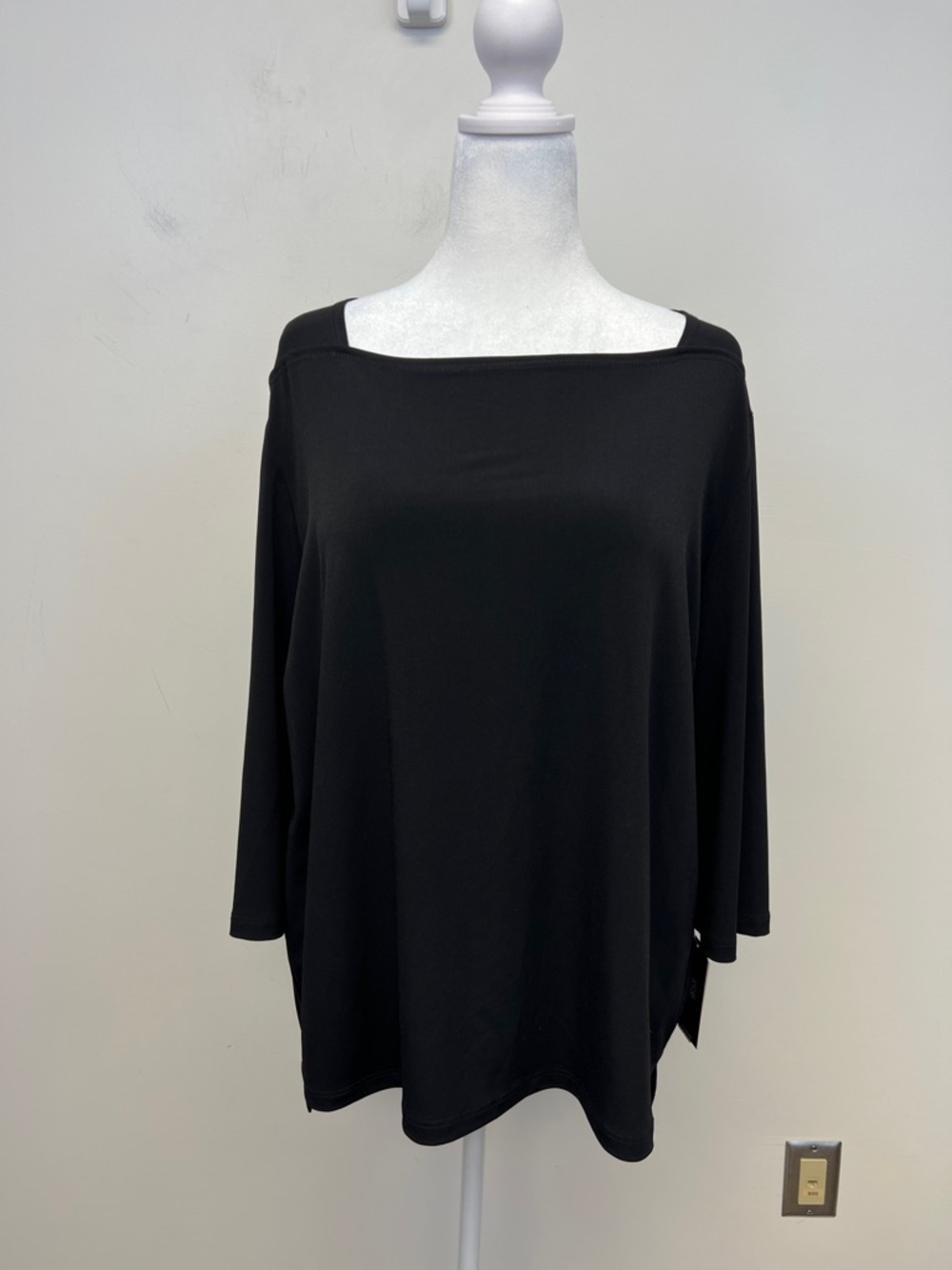 CLARA SUNWOO Women Feminine Black Straight Neck 3/4 Sleeve Stretchy Top Size 1X
